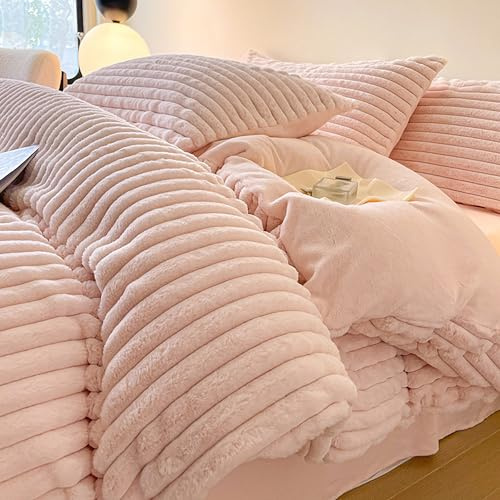 GETIYA Warm Plüsch Bettwäsche 155x220 Cashmere Touch Winterbettwäsche Langhaar Kunstfell Flanell Bettwäsche Streifen Muster Hellrosa Plüsch Bettbezug Zweiteilig mit 1 Kissenbezug 80x80