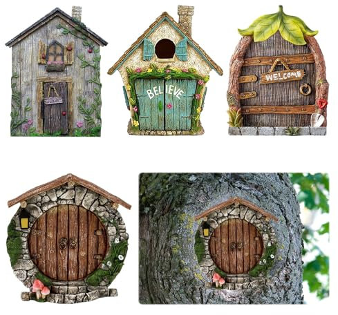 Qianeffort Fairy Doors for Garden Trees,4 Pcs Miniature Fairy Doors for Garden,3D Fairy Door Home Decor Outdoor Ornament,Fairy Garden Accessories for Garden Yard Art Trees