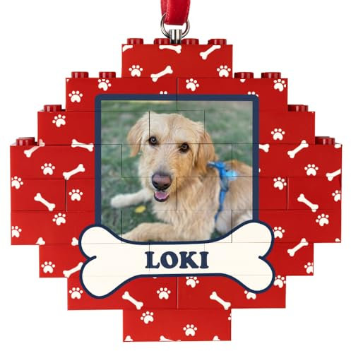 Wanapix | Personalisierte Weihnachtskugel Blocks mit Name und Foto von deinem Hund | Rot | Baumschmuck aus Spielzeugblöcken | Kompatibel mit den beliebtesten Marken | Pfotenabdrücke und Knochen