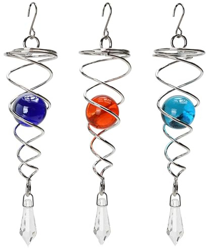 Windspinner-Kugel, Spiral-Stabilisator für Innen- und Außendekoration, 18 cm, Edelstahl, zum Aufhängen mit Drehhaken, Gartendekoration, Rot, Hellblau, Dunkelblau, 3 Stück