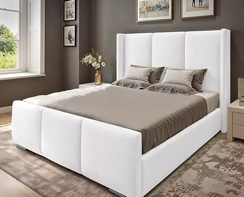 6FT Super King Ottoman Storage Solid Divan Base Bed Frame Wing Panel Headboard Upholstered In White Plush Velvet Bed Frame End Lift - No Mattress (White, 6FT Super King Frame With Storage)