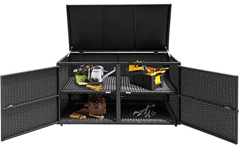 COSTWAY Auflagenbox Rattan, 333L, Kissenbox mit Doppeltüren & Deckel & Ablage, Gartenbox Truhenbank Sitzbank, Gartenbox wetterfest, für Terrasse Garten Balkon, 115/215x60x65cm (Schwarz)