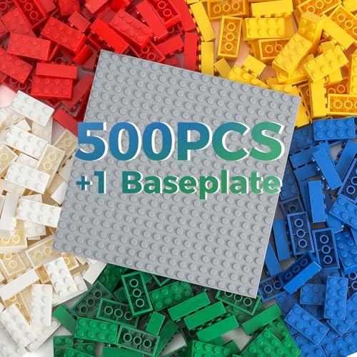 HUIZDQ 2X4 500 Pieces Building Bricks, Classic Bulk Small Blocks, Classic Building Bricks Set Basic Building Blocks Compatible with All Major Brands(Multicolour)