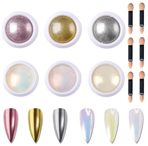 6 Colors Chrome Nail Powder Set - Mermaid Pearl, Rose Gold, Silver - Mirror Effect Chrome Powders for Iridescent Nail Art - Glazed Donut Finish