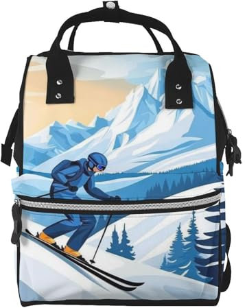 ZSUUGJ Wickeltasche mit Ski-Motiv, bedruckt, Rucksack, Babytasche, multifunktional, für Reisen