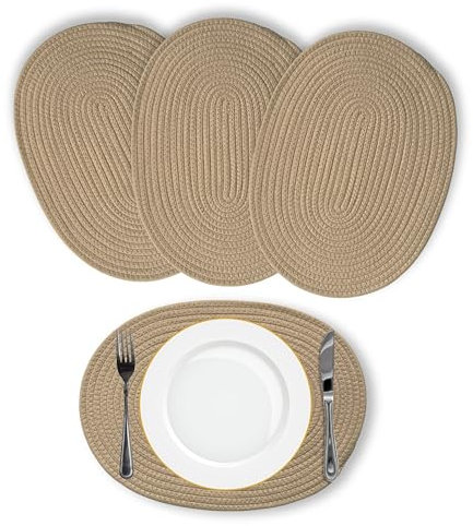 Breezy Nest Set of 4 Oval Cotton Rope Braided Placemats (40cm x 30cm) - Large Table Mats - Thick Heat Resistant Non Slip Surface Protector - Easy Clean Indoor and Outdoor Place Mats (Beige)