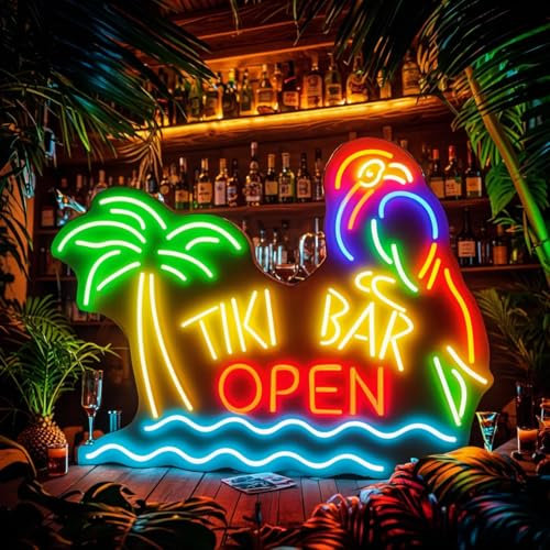 Panneau néon Tiki Bar ouvert avec perroquet et palmier, panneau lumineux néon LED multicolore pour bar à la maison