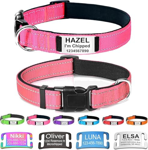 Custom Dog Collars with Name Plate, Engraved Name Plate ID Tags with Reflective Nylon Dog Collar,Soft Neoprene Padded Adjustable Pet Collar for Small Medium Large Dogs,S Pink