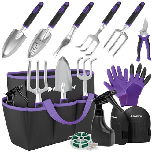 BLOSTM Gartenwerkzeug-Set, 11-teilig, robustes Gartengeräte-Set mit wasserdichter Tragetasche, rostfreies Gartenkellen-Set mit ergonomischen Griffen, Gartengeschenke für Männer und Frauen (lila