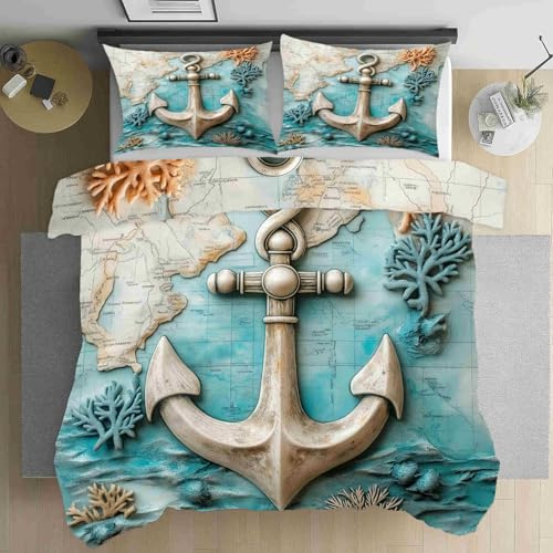 Dppyuxa Maritimes Ankermotiv Bettwäsche 135x200 Marineblau Bettwäsche | Set 3D Bedruckte Bettbezug Einfache Pflege Kuschelbettwäsche mit Reißverschluss Mikrofaser Bettbezug und 2 Kissenbezug