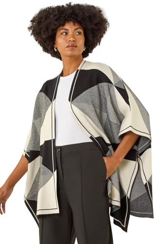 Roman Originals Gradient Longline Knit Poncho for Women UK - Ladies Everyday Autumn Winter Comfy Soft Evening Vacation Work Party Night Out - Monochrome - Size ONE