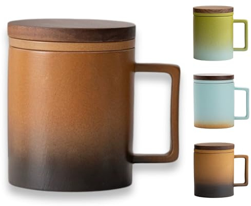 JanYoo Teetasse mit Deckel und Sieb, 300ml Teebecher mit Teesieb und Deckel für Losen Tee, Blooming Tea, Keramik Farbverlaufende Glasur Teetassen Geschenke für Teeliebhaber(Braun)