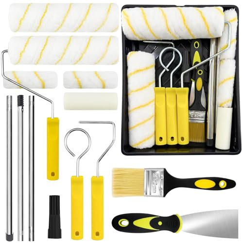 Set di rulli colorati da 18 pezzi con asta telescopica da 1,2 m - 23 cm + 11 cm rulli da pittura, pennello, raschietto e vaschetta per vernice, rullo da parete e soffitto