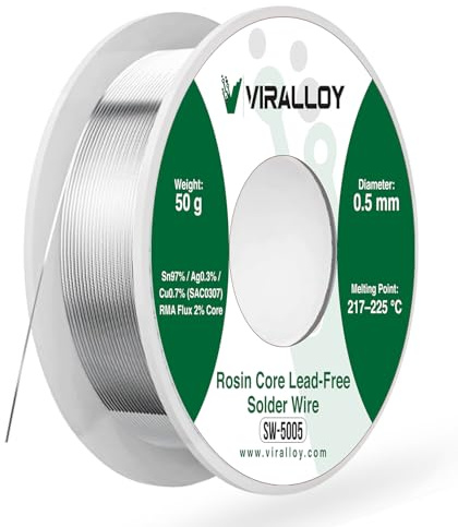 VIRALLOY Lead-Free Rosin Core Solder Wire – Sn97/Ag0.3/Cu0.7, Low Melt Electronic Solder for PCB & Electrical Work (0.5mm 50g – PCB & Wiring)