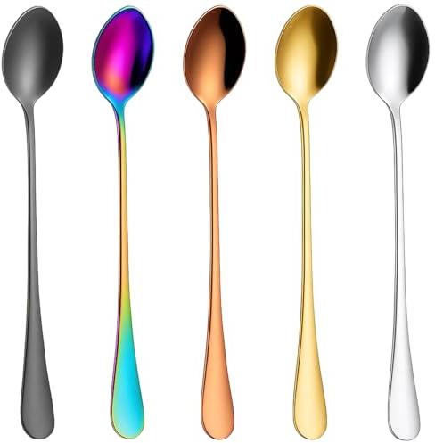 5 Pcs Latte Spoons, Sundae Spoons, Long Teaspoons, Stainless Steel Long Handle Spoons, Durable and Elegant for Coffee, Desserts, and Ice Cream