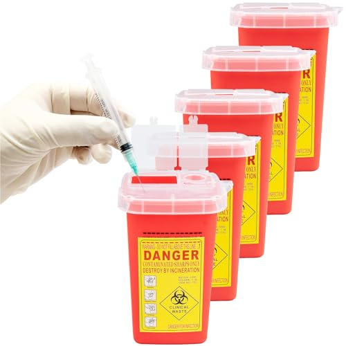 5 Pack Sharps Bin Sharps Box for Needles, Leak-Proof, 1.14L Travel Size | Needle Disposal Container with Safe Locking Lid, for Home Use Office Tattoo Parlors Barbershop (Red)