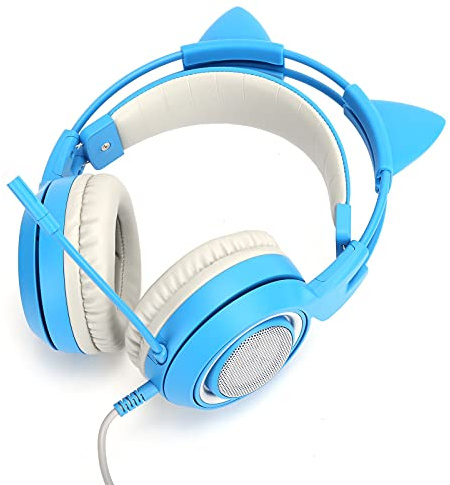 Denash Headphones for the Ear Cat Ear with LED Light, Stereo Headphones for/ONEPC, Comfortable Cable Games for Girls, Black (Blue)