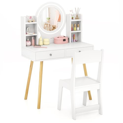 GYMAX Kids Vanity Table and Chair, Wooden Girls Dressing Tables with 2-Color LED Lighted Mirror, 2 Drawers and Storage Shelves, Children Makeup Desk Set for 3 Years Old+ (White)