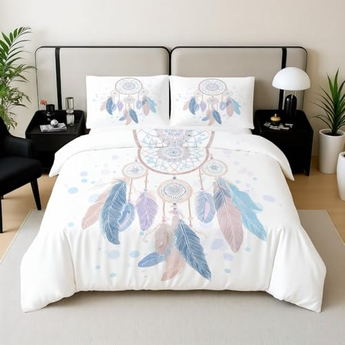 Kioldoq Traumfänger Bettwäsche 200x200 cm | Feder Bettwäsche Teenager Mädchen, Modern Sets Mit Reißverschlus, Weiß Fashion Wendebettwäsche Microfaser, Bettbezug 3 Teilig