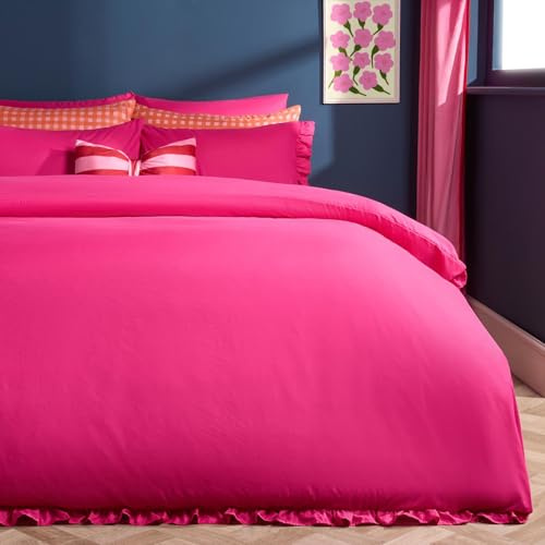OHS King Size Duvet Cover Set, Gifts for Women Super Soft Cosy Warm Microfibre King Size Bedding with Frill Edges Comfy Modern Quilt Cover Set with Matching Pillowcases, Hot Pink