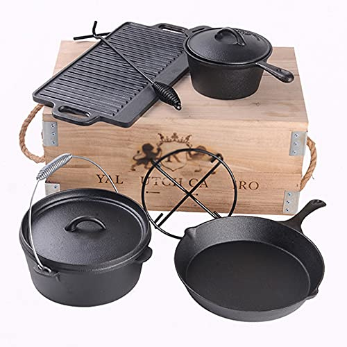 Cast Iron Dutch Oven Pot Set, 7 Piece Heavy Duty with Vintage Carrying Storage Box for Camping Cooking, Pre-Seasoned