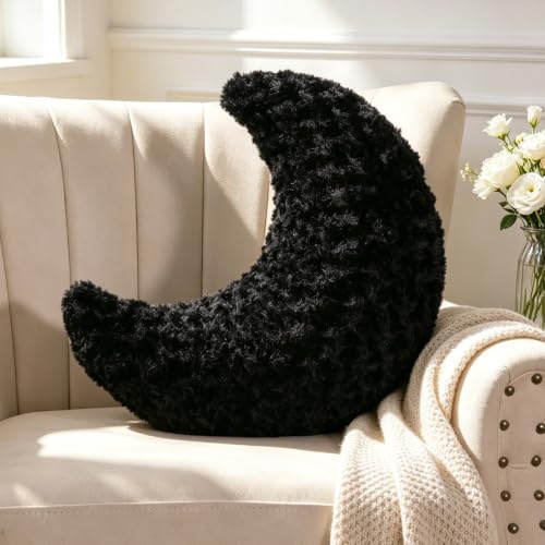 Guaginmy Mondnkissen, Schwarz Mondnform Kissen Kuschelkissen, Niedlich Zierkissen Aesthetic, Plüsch Moon Throw Pillow für Wohnzimmer Sofa Kind Schlafzimmer Bett, Geschenk 43 cm