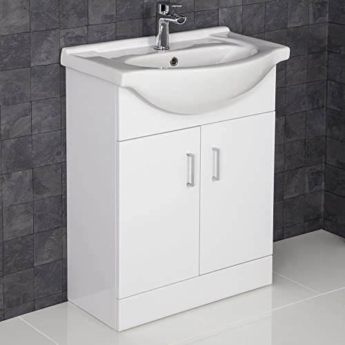 650mm Bathroom Vanity Unit & Basin Sink Gloss White Tap + Waste