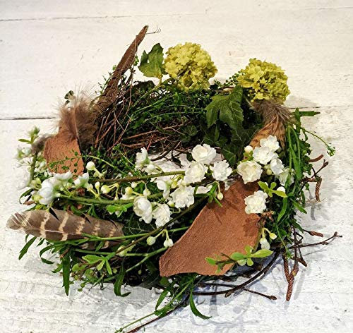 Unbekannt | Deko Nest Hasennest Dekokranz für Frühling und Ostern | D 25 cm | Grün Braun Weiß | Handarbeit aus Naturzweigen, Frühlingsseidenblumen, Rinde und Feder | Frühlingsdeko Osterdeko