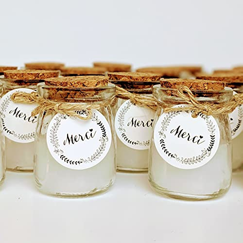 12 Bougies dans un pot en verre, avec étiquette MERCI, ficelle et couvercle en liège | Idée cadeau invités mariage, bapteme, anniversaire - Accessoire mariage - Remerciements | TE Whaka