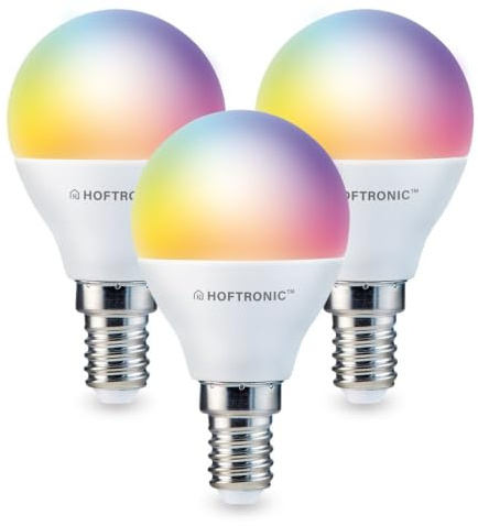HOFTRONIC - 3er Smart Home E14 LED Lampe P45 - Farbig RGBWW - 5,5 Watt 470 Lumen - WiFi + Bluetooth - Steuerbar via Handy und Sprache (Google Home, Alexa und Siri)