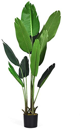 COSTWAY Plante Artificiel,Arble Décoration, Bananier Artificiel avec Pot avec 10 Feuilles Tropicales et Tronc en Bois et PE, pour Intérieur et Extérieur, Idéal pour Jardin, Magasin, Bureau, 160CM