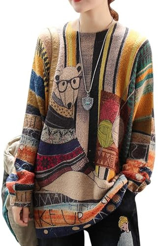 YESNO Women Long Sleeve Jumpers Oversized Graphic Knitted Sweater Crew Neck Loose Vintage Pullover Sweater Tops L S01UK CR31