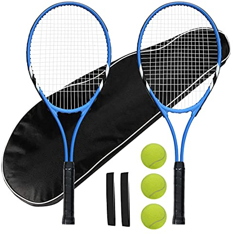 Tennis Rackets 2 Players Recreational for Beginners,Pre-Strung 27 Inch Light Adult Racquet Set for Women Men with Tennis Balls,Overgrips and Carry Bag (Blue)