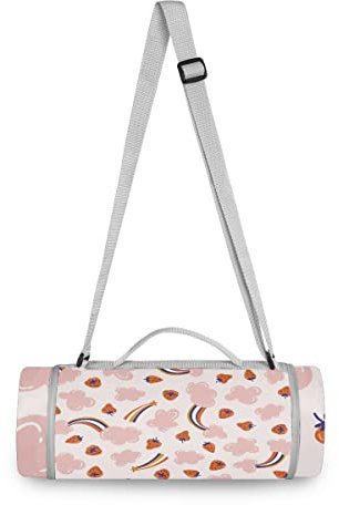 BEUSS Wolke Rosa Regenbogen Erdbeere Picknickdecke wasserdicht Kreative Runde Picknick-Matte Kampierende Strand Yoga Decken Matten im Freien Faltbar Leicht Matte Decke mit Tragegriff(148cm x 148cm)