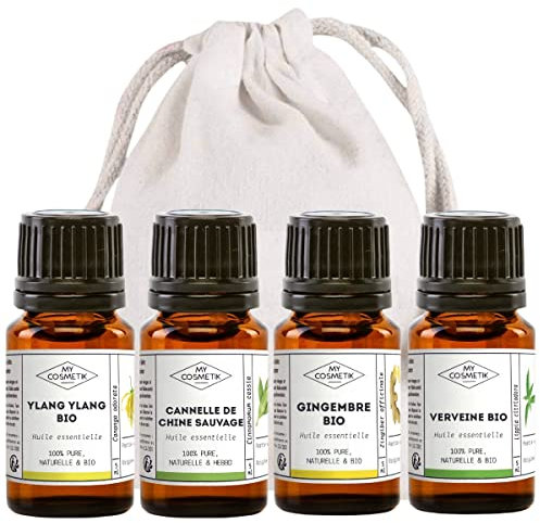 MY COSMETIK - Romance Pack - 4 ätherische Öle: Ylang Ylang, Wilder chinesischer Zimt, Ingwer, Eisenkraut - 4 x 5 ml + 100% Baumwollbeutel - Würzige & kraftvolle Synergie.