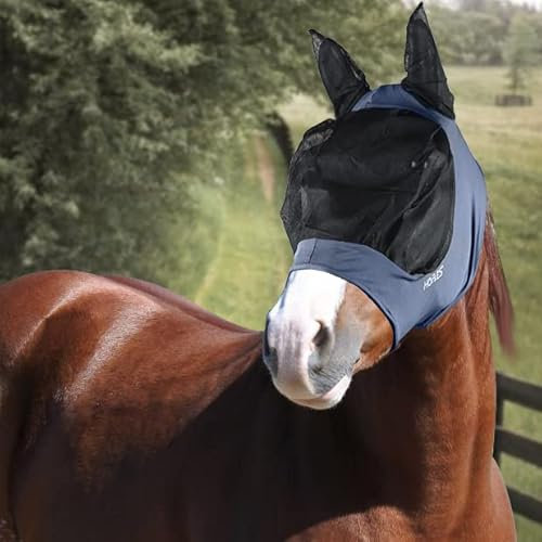 Horses, Fliegenmaske aus Lycra mit Langen Netz Einsatz, Leichte und atmungsaktive Fliegenmaske, behindert Nicht das Sichtfeld des Pferdes, Augen- und Gehörschutz (Shetland, Blau)