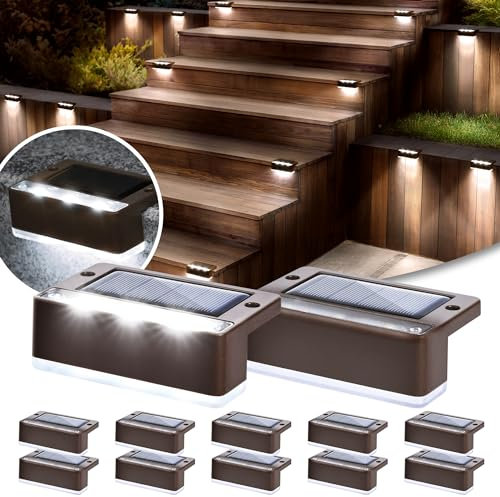 Solpex luces solares para exterior, 12 piezas, luz de escalera blanca, luces solares impermeables, iluminación LED para escaleras exteriores, escalones, valla, jardín, patio, decoración (Marrón)