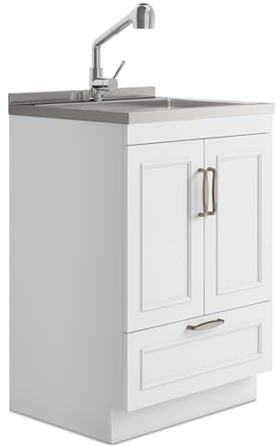 SIMPLIHOME Cardinal All-in-One 24 inch Wide Utility Sink and Laundry Cabinet in Pure White Finish, Transitional Stainless Steel Sink Cabinet for Laundry Rooms with Pull-Out Brushed Nickel Faucet