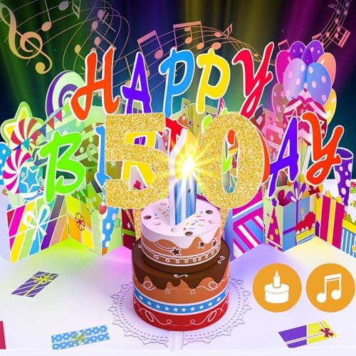 Gumry PopUp-Karte zum 50. Geburtstag, blasbare LED-Licht, Kerze, 3D-Karten mit Lied Happy, Applaus-Prost-Sound, farbwechselnde Lichter, bunte Grußkarten für Frauen und Männer, die 50 Jahre alt