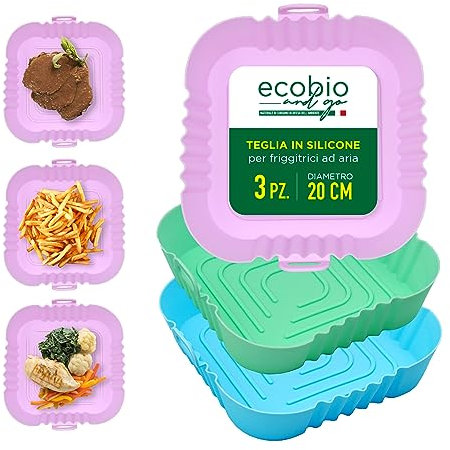 ECOBIO and GO - 3 Teglie in Silicone per Friggitrice ad Aria, Qualità e Resistenza con più spessore, Diametro interno 16 esterno 19 Cm, Accessori indispensabili per cucinare in modo sano e gustoso