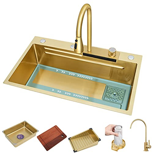 Stainless Steel Kitchen Sink With Waterfall Water Tap Set Black Farmhouse Sink Gold Workstation Sink With Cup Washer Removable Basin Cutting Board (Color : Gold, Size : 68x45cm)