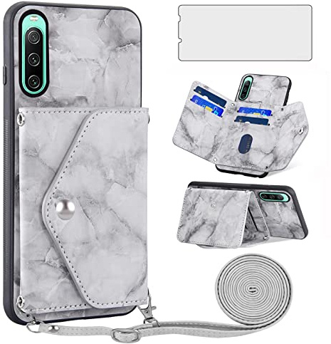 Asuwish Handyhülle für Sony Xperia 10 IV XQ-CC54 Hülle mit Band und Glas Folie Schutzfolie Kartenfach Klappbar Kette Leder Geldbörse Ständer 10IV 4 5G Handy Hüllen Schutzhülle Cover Phone Case Grau