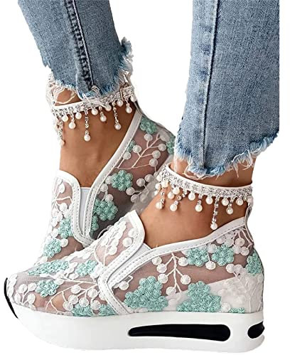 HOUXIANDOU Zapatillas De Deporte De Malla Transparente Transpirables con Bordado Floral, Zapatillas De Cuña con Bordado para Mujer, Zapatillas De Plataforma Sin Cordones (Verde,38)