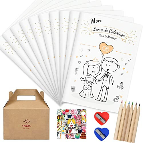 Ulikey Lot de 10 Livre de Coloriage de Mariage pour Enfants, Cahier Activités Enfant Mariage, Kit Activités Manuelle Enfant Mariage avec Crayons de Couleur et Autocollants, Cadeau Mariage pour Enfant