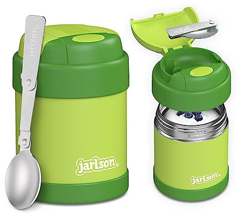 JARLSON® Thermobehälter Kinder YUMMY | Edelstahl Warmhaltebehälter Essen/Babybrei | Müslibecher to go mit Löffel | Joghurtbecher | Essensbehälter | Thermobecher | Wärmebehälter (300 ml, Grün)