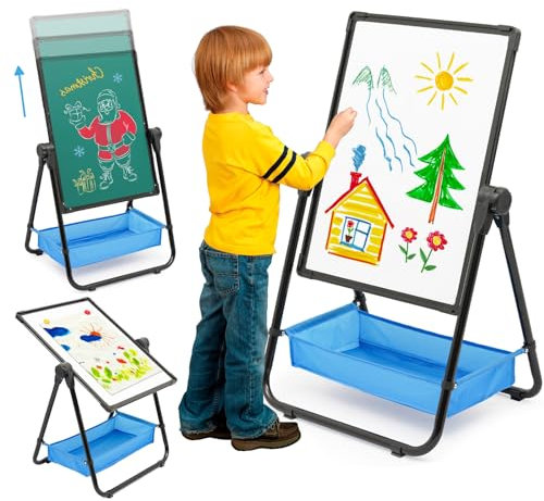 Kinder Staffelei Malerei Doppelseitige Tafel für Kinder mit Kreidetafel & Whiteboard 360 drehbare Höhenverstellbar Standtafel mit Zubehör für Jungen Mädchen ab 3 Jahre, Schwarz