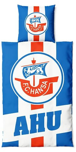 FC Hansa Rostock Bettwäsche Set ** AHU **, Kopfkissenbezug 80 x 80 cm und Bettdeckenbezug 135 x 200 cm, mit Reißverschluss, 100% Baumwolle