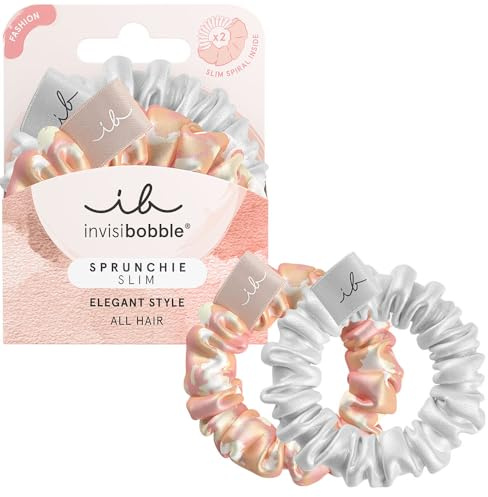 invisibobble Scrunchie Slim Bella Chrome, 2x Stoff Haargummis Apricot & Silber, Silk Scrunchie mit Spiralhaargummi, maximaler Halt für alle Haartypen, 2 Stück