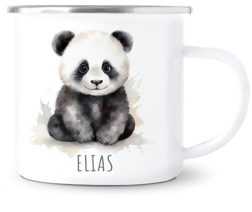 Panda Emaille Tasse Kinder Trinkbecher personalisierte Kindertasse mit Namen süßer Kinderbecher für Mädchen & Jungen Geschenk Emaille Becher 300 ml