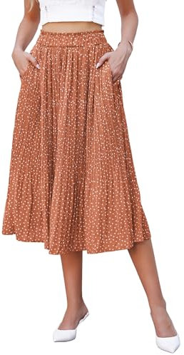 Hotouch Plisseerock Lang Damen Polka Dot Elastische Taille Faltenrock Chiffon Midi Rock Sommer Swing Elegant Ziegelrot Plisseerock mit Taschen Größe L